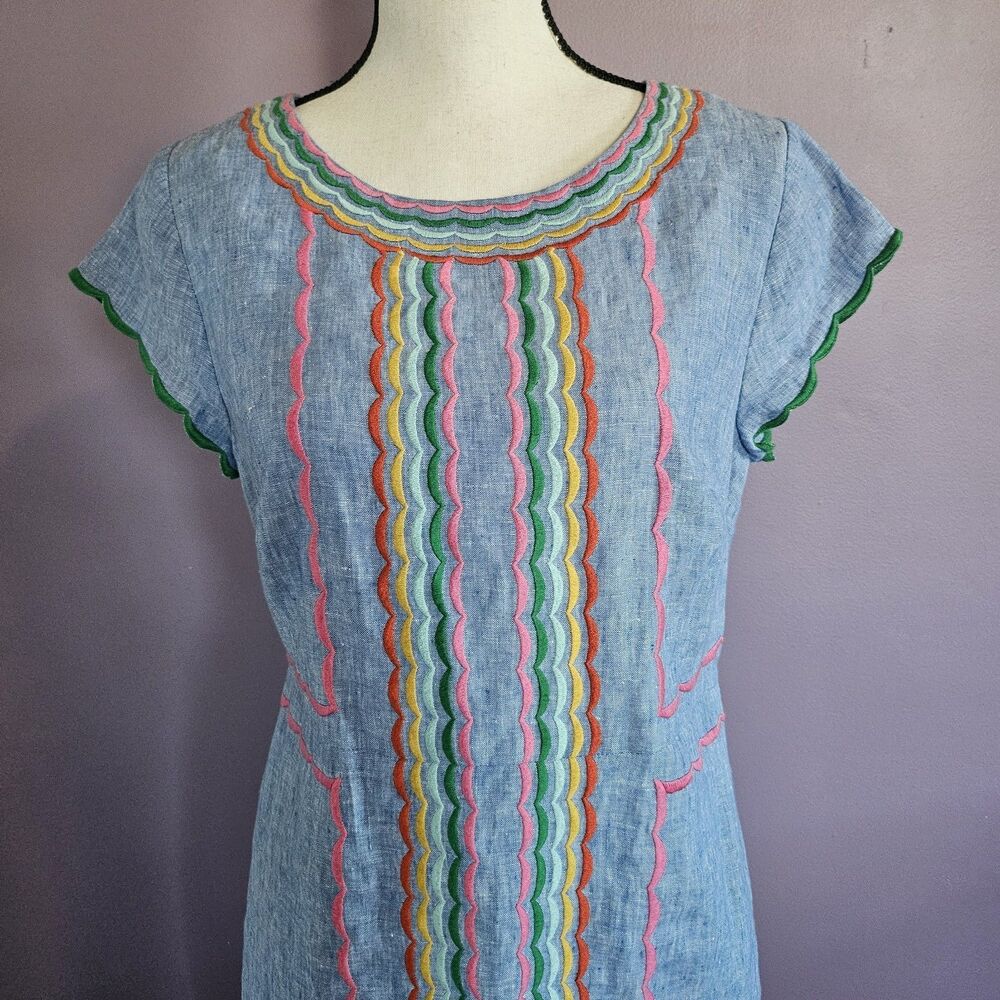 Boden 100% Linen Chambray Laura Embroidered Fiesta Folk Boho Summer Dress - Picture 5 of 13